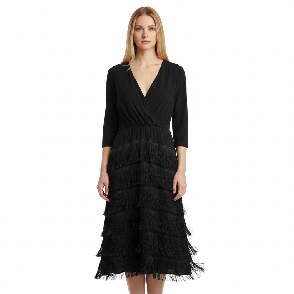 Vintage Style Black Fringe Tiered Midi Dress V-Neck 3/4 Sleeve Side Zip Size S